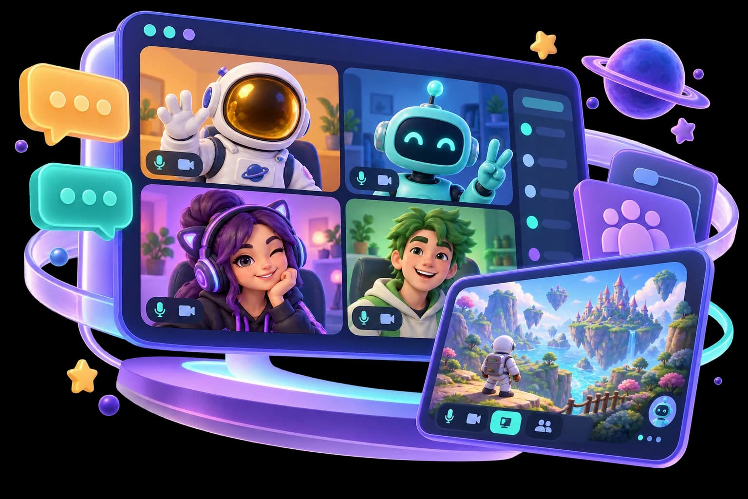 Arte 3D de uma videochamada com amigos e uma tela de jogo compartilhada