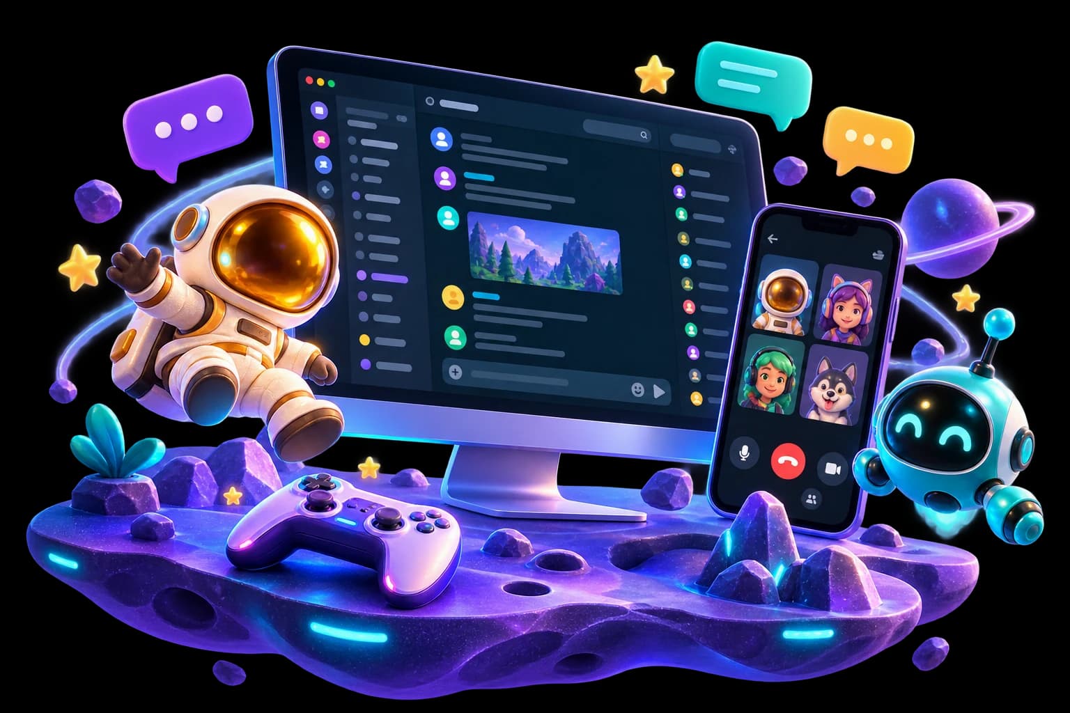 Universo 3D da Órbita: comunidade no computador e celular, astronauta e robô juntos