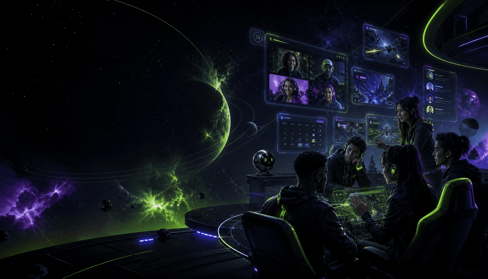 Jovens conectados em uma comunidade gamer espacial